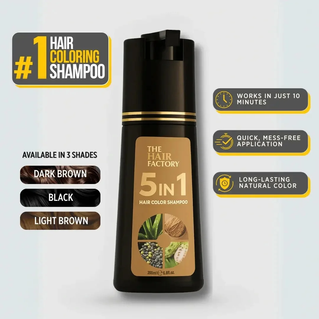 The Hair Factory 5-in-1 Hair Color Shampoo — works in 10 minutes, mess-free, available in Dark Brown, Black, and Light Brown